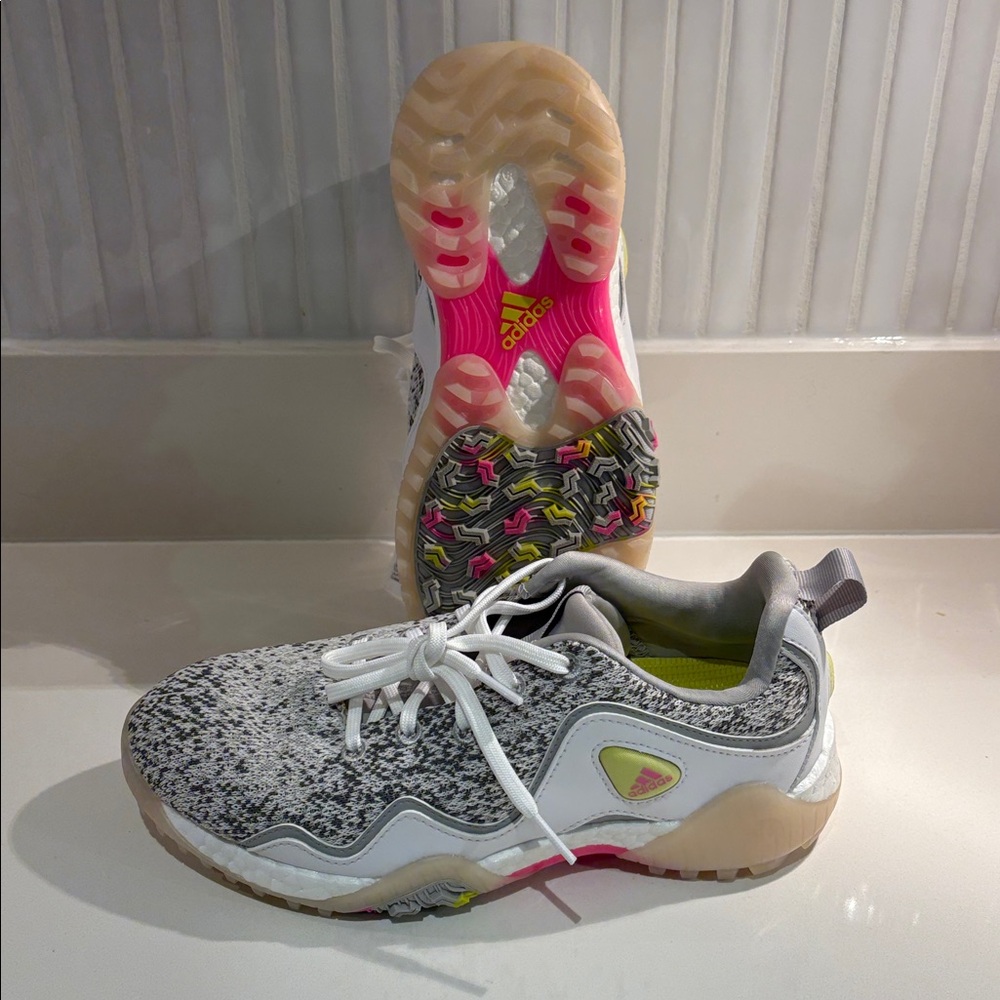 Adidas | codechaos 21 | waterproof | golf shoe | White, Pink, and Gray | 8 1/2